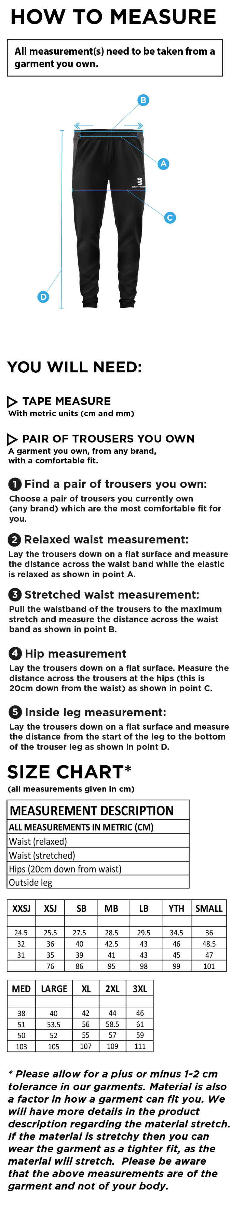 Munich CC - Tek Slim Pant - Size Guide
