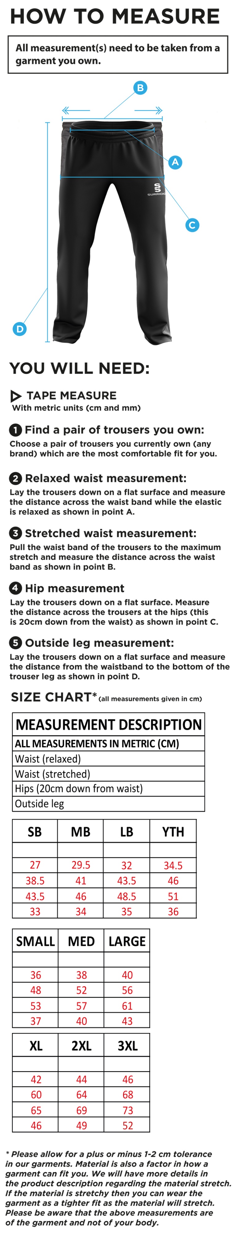 Munich CC - Ripstop Track Pant - Size Guide