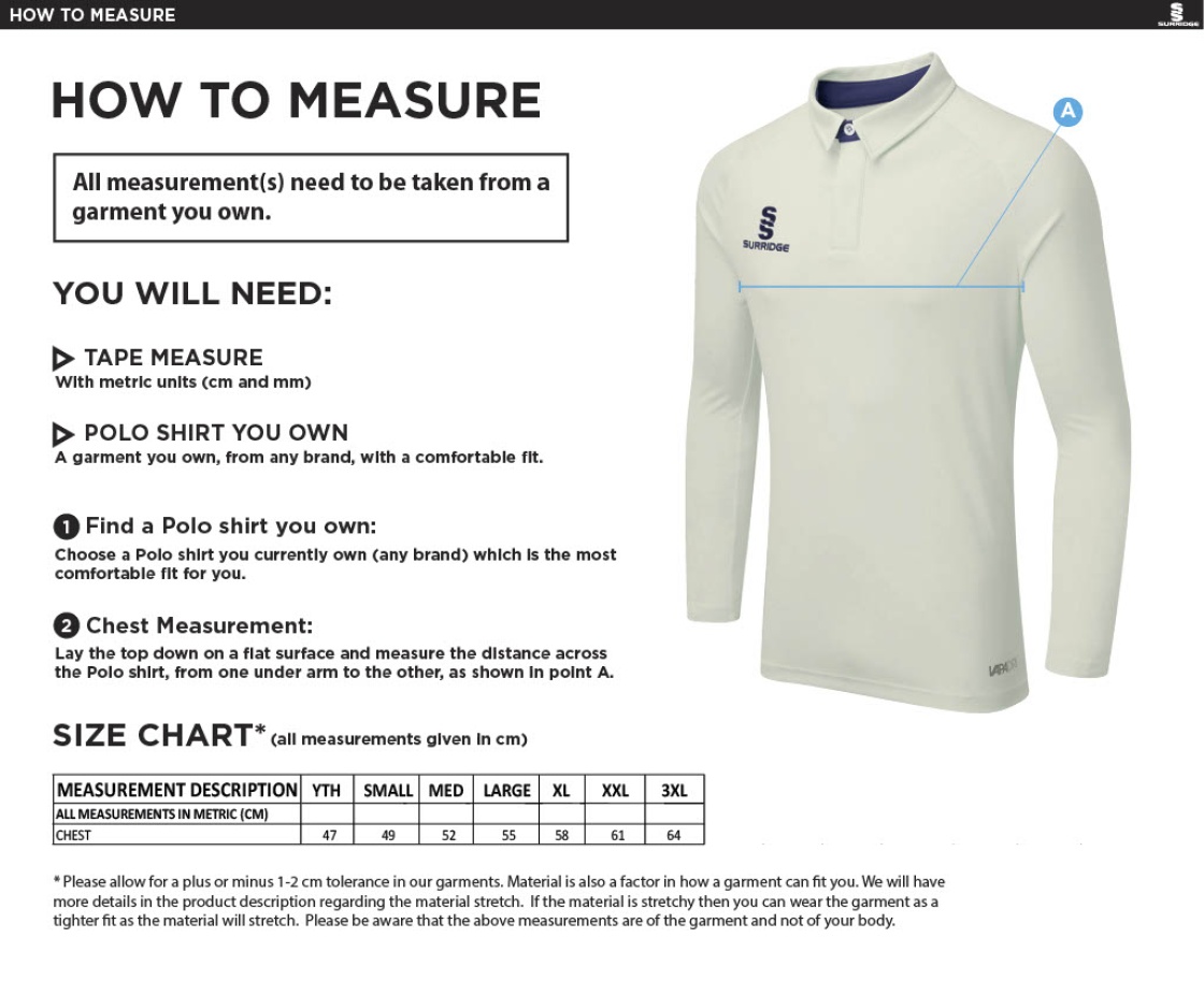 Munich CC - Ergo Long Sleeve Black Trim Shirt - Size Guide