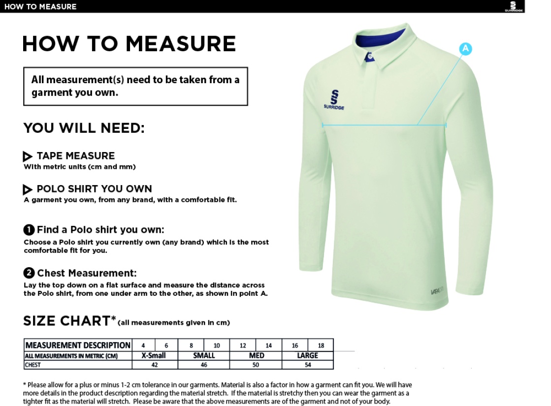 MUNICH CC DUAL LONG SLEEVE CRICKET SHIRT (WOMENS)-Ivory - Size Guide