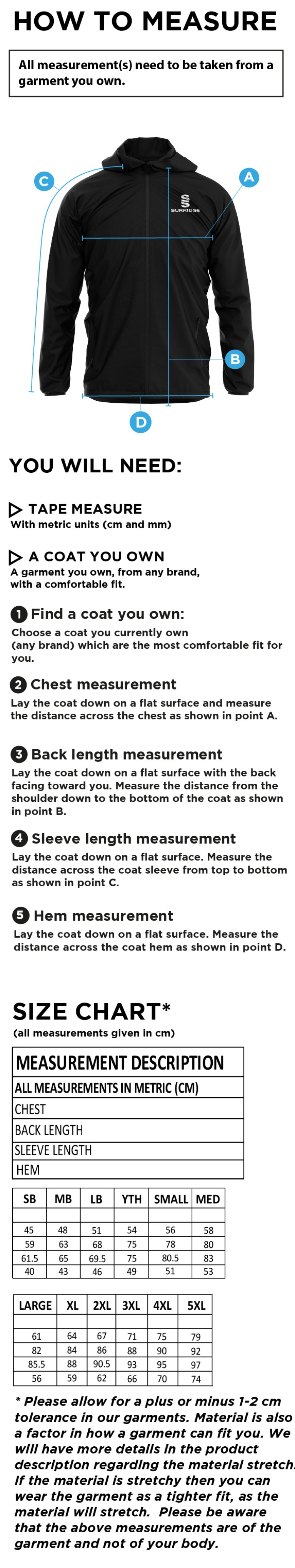 Munich CC - Training Jacket - Size Guide