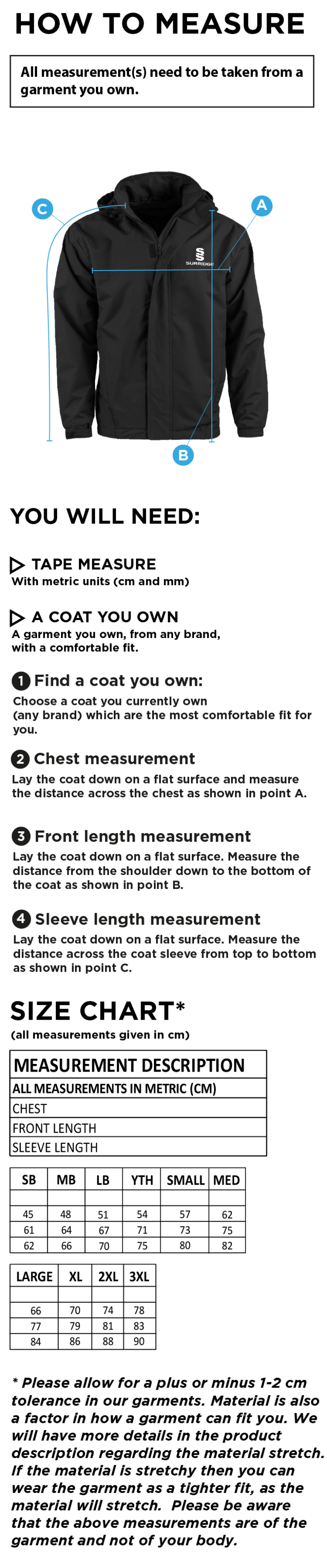 Munich CC - Fleece Line Jacket - Size Guide