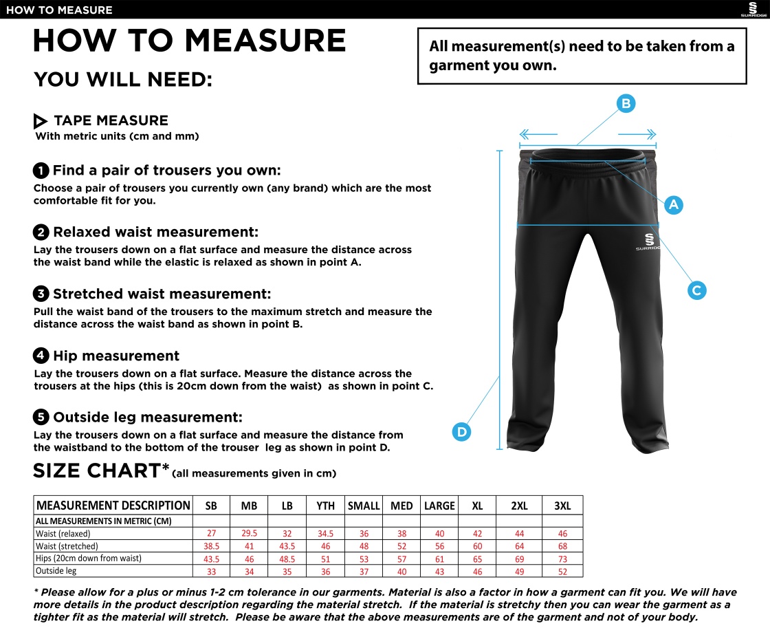 Munich CC - Ripstop Track Pant - Size Guide