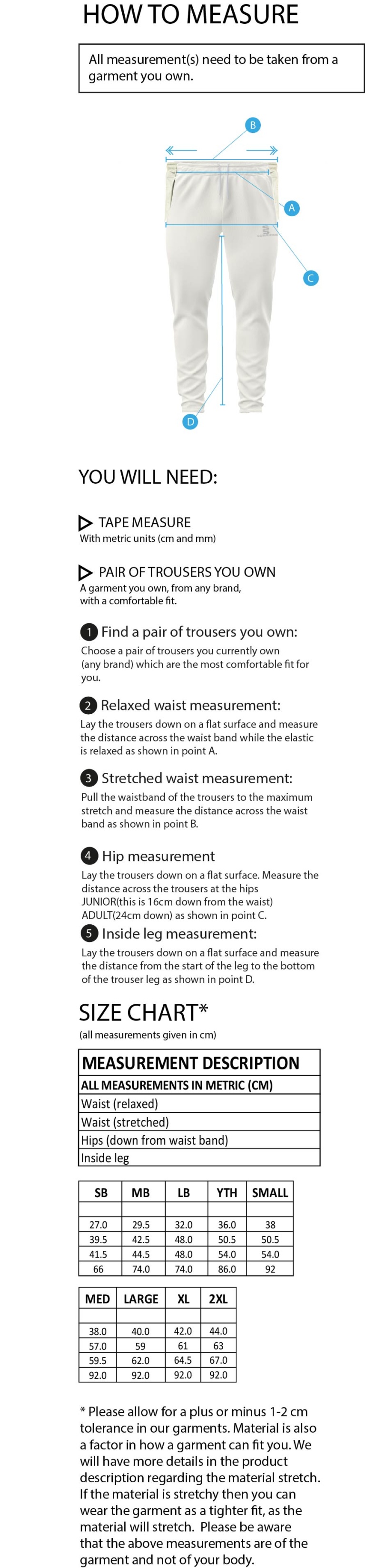 Munich CC - Tek Playing Pant - Size Guide